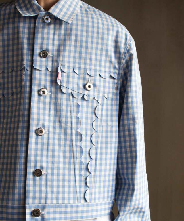 TSTS SPEECH BUBBLES TRACKER JACKET SAXE BLUE AND GRAY GINGHAM