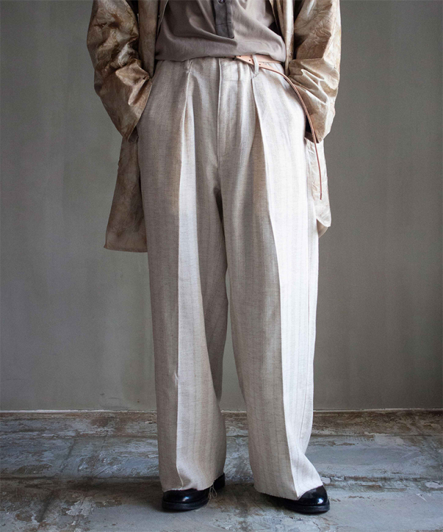 saby JACQUARD LINEN STRIPE TUCK-BAGGY-Bishu Japan- BEIGE - Mens