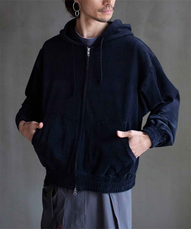 ANDER VELOUR ZIP HOOD STEEL NAVY - Mens
