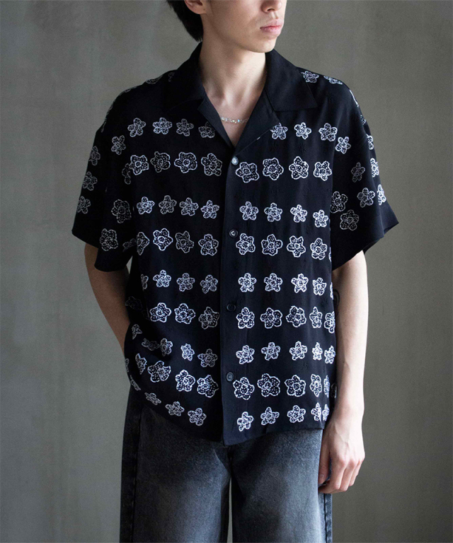 GLASS CYPRESS Black SS Silk Flower Bowling Shirt Black - Mens