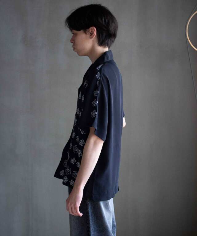 GLASS CYPRESS Black SS Silk Flower Bowling Shirt Black - Mens