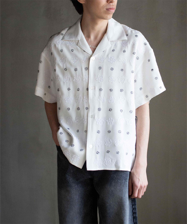 GLASS CYPRESS White SS Silk Flower Bowling Shirt White - Mens