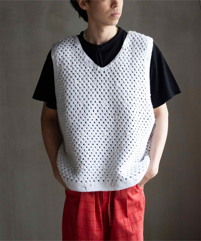 GLASS CYPRESS White Pearled Crocheted Vest White - Mens