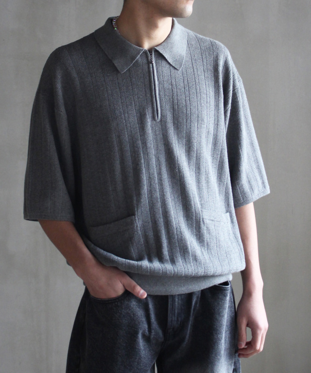 crepuscule Rib Pattern Half Zip Polo Gray - Mens | rroomm