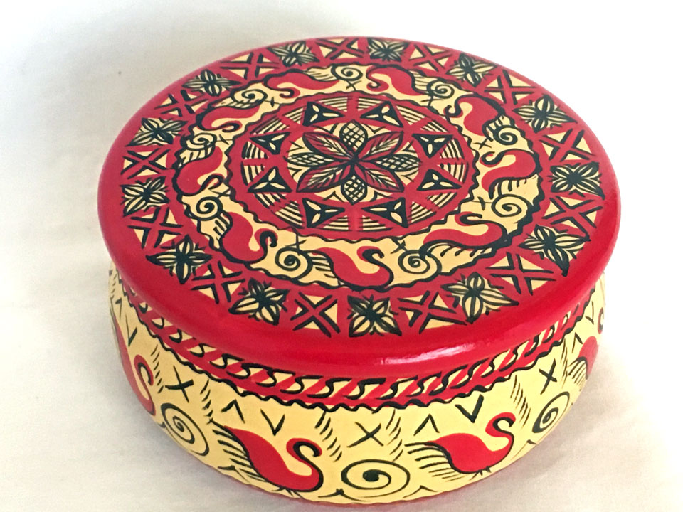 メゼーニ文様小箱(丸黄)☆ロシア雑貨☆伝統柄の小箱