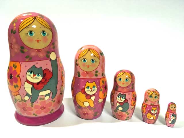 猫のいるロシアの家PK★エレナ工房18cm☆マトリョーシカ5ピース