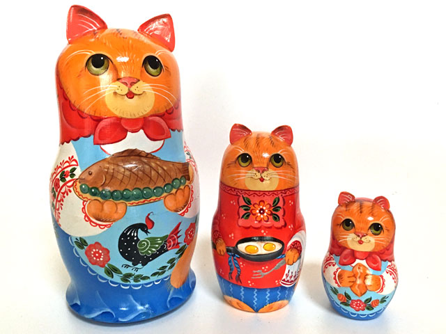グルメ猫～ガラジェッツ柄☆3ピースマトリョーシカ★Guseva☆グーセヴァ