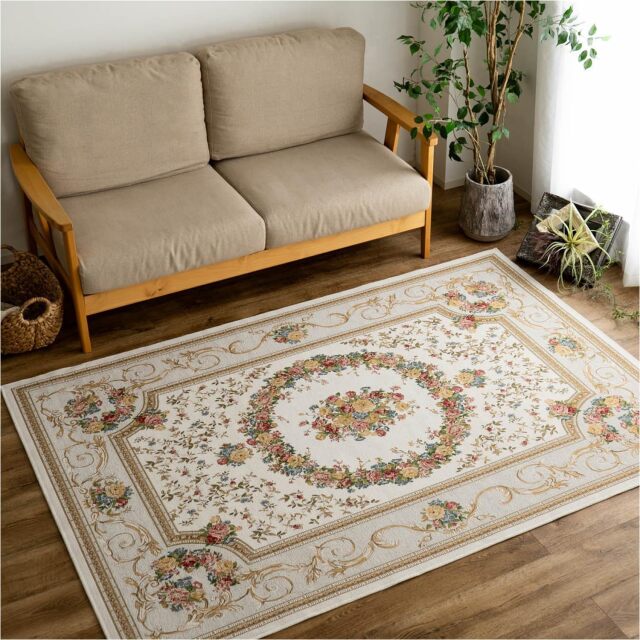 アルダ 北欧風 花柄 約 200×250 cm 3畳 長方形 アイボリー ベージュ ブルー グリーン ピンク レッド ネイビー ブラック ゴブラン織 ベルギー製/alda-200-250