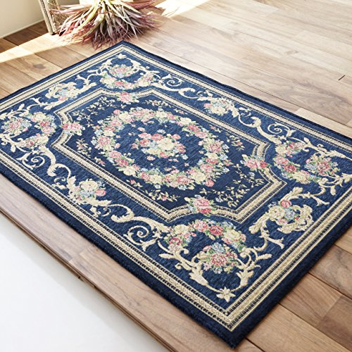 玄関マット　花柄刺繍ネイビーブルー　ラグ ブルー系 玄関マット - カーペット・ラグ・マット通販【びっくり