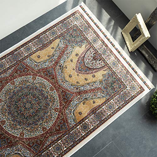 150万ノット高密度のペルシャデザインの高級玄関マット 約 70×127 cm