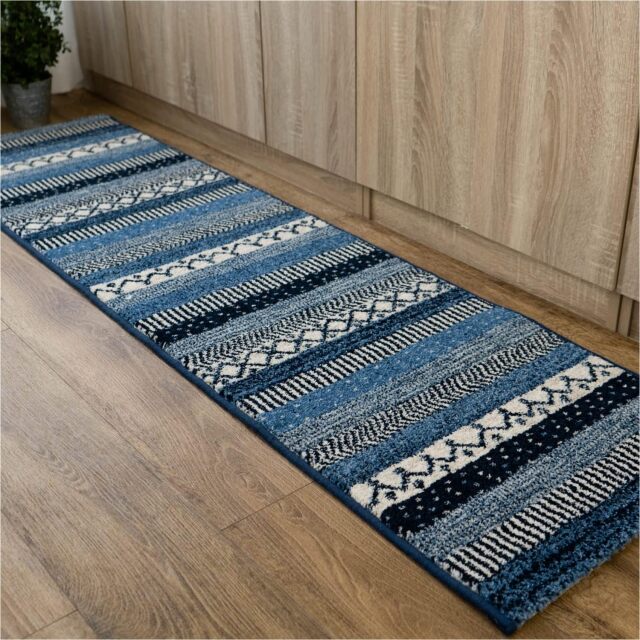 ジオメトリーライン2 ボーダー キッチンマット 約 50x240 cm 長方形 ブルー レッド グレー ウィルトン織り ベルギー製/geometryline2-50-240