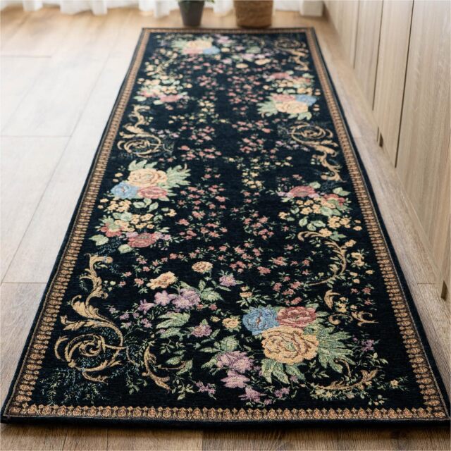 豪華なフラワーデザインのゴブラン織りラグマット 約 60x240 cm