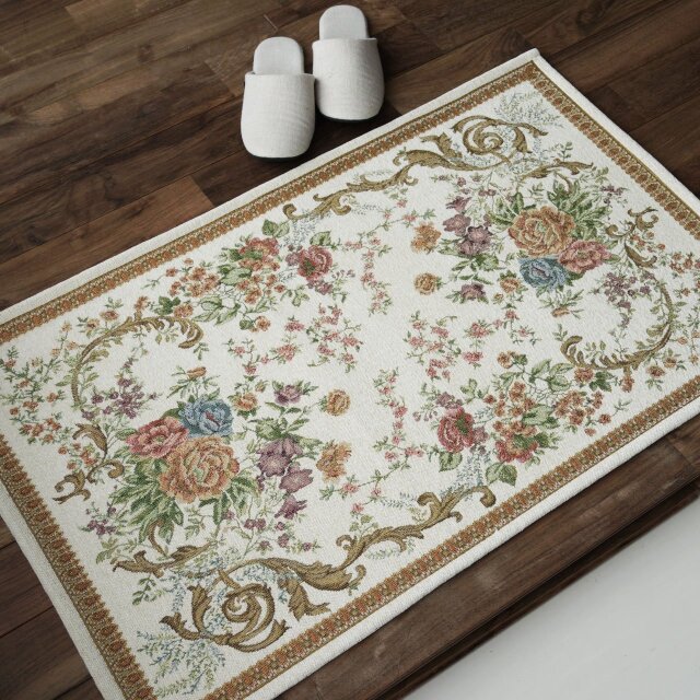 豪華なフラワーデザインのゴブラン織り玄関マット 約 60×90 cm｜輸入
