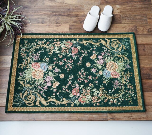 豪華なフラワーデザインのゴブラン織り玄関マット 約 70×120 cm｜輸入