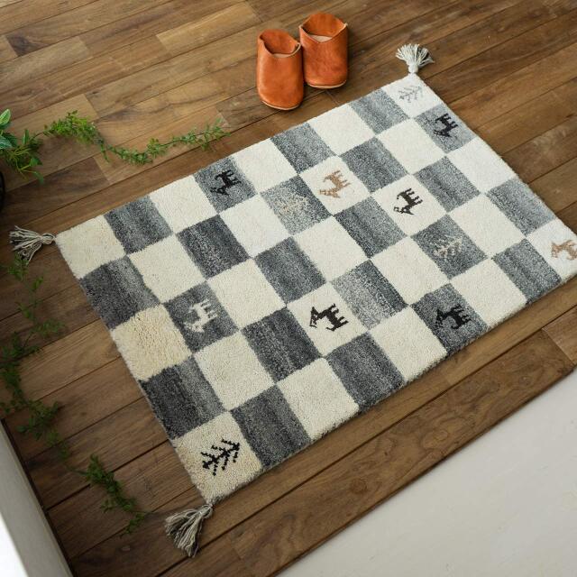 ギャベ ギャッベ 手織り ウール100% 無染色 約 70×120 cm 長方形 ブロック  ボーダー ツリー フレーム インド製/hghg