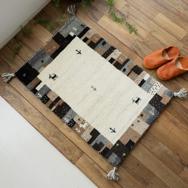 ギャベ ギャッベ 手織り ウール100% 無染色 約 70×120 cm 長方形 ブロック  ボーダー ツリー フレーム インド製/hghg