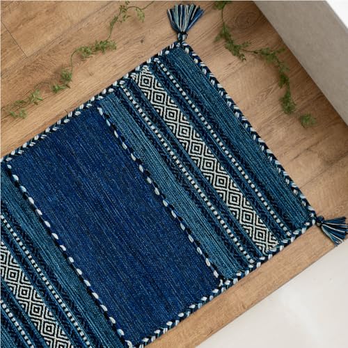 インド綿を使った手織りのキリム柄玄関マット 約60x90 cm｜輸入
