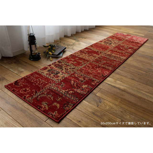 オールドスタイル2 アンティーク風 パッチワーク 約 50×200 cm ロングマット レッド ウィルトン織り トルコ製/oldstyle2-50-200