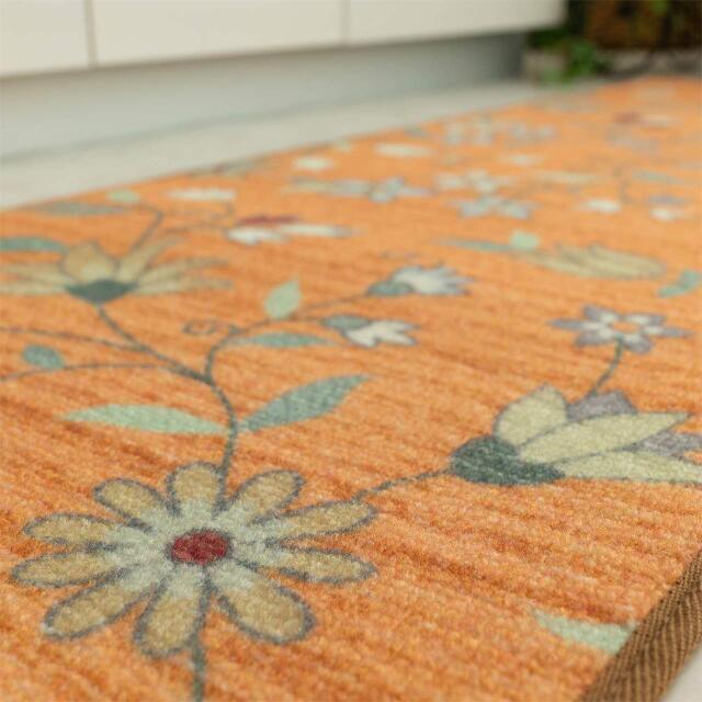 サヤンサヤン 洗える フラワープリント キッチンマット 台所 廊下 45×180 cm ロングマット ベージュ ブルー オレンジ 床暖房 ホットカーペットカバー対応 すべり止め