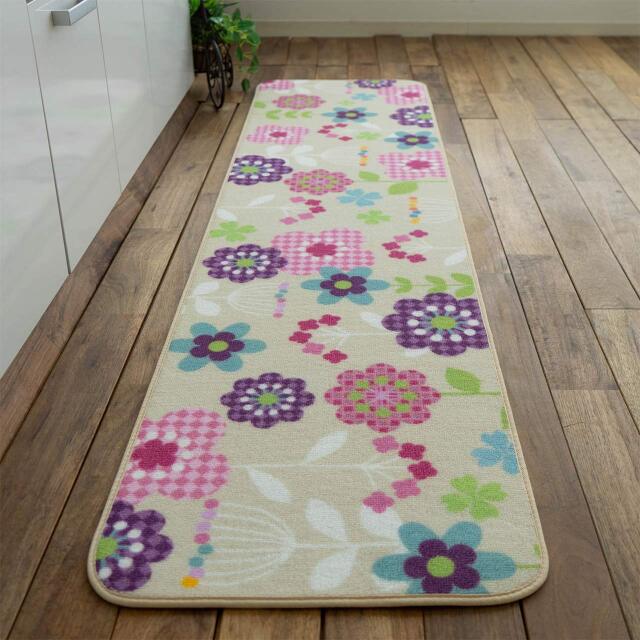 プリントキッチンマット 北欧風 45×180 cm ロングマット フラワー オーナメント ペルシャ ギャベ クラシック/print-45-180