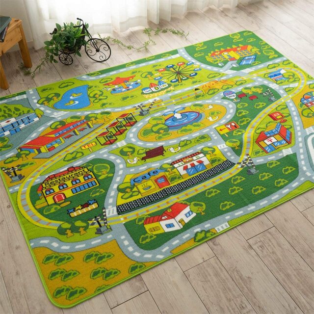 男の子の子供部屋に、道路でミニカーキッズラグ 約 110×130 cm 1畳