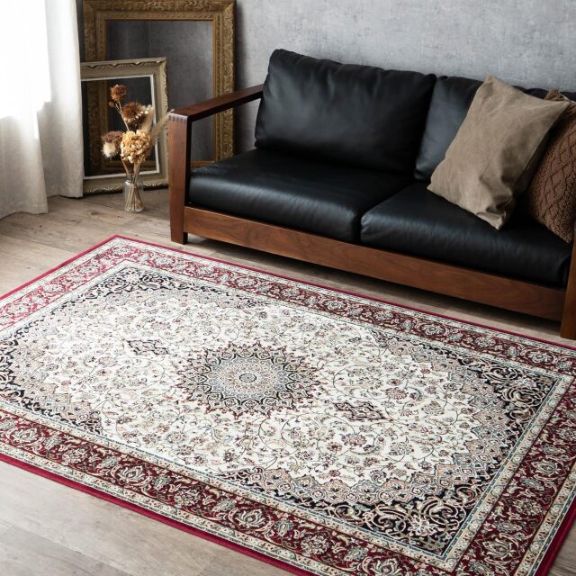 ロイヤルパレス14180 ペルシャ風 メダリオン 195×195 cm 2畳 正方形 レッド グリーン ベージュ アイボリー モケット織 ベルギー製/rp14180-195-195
