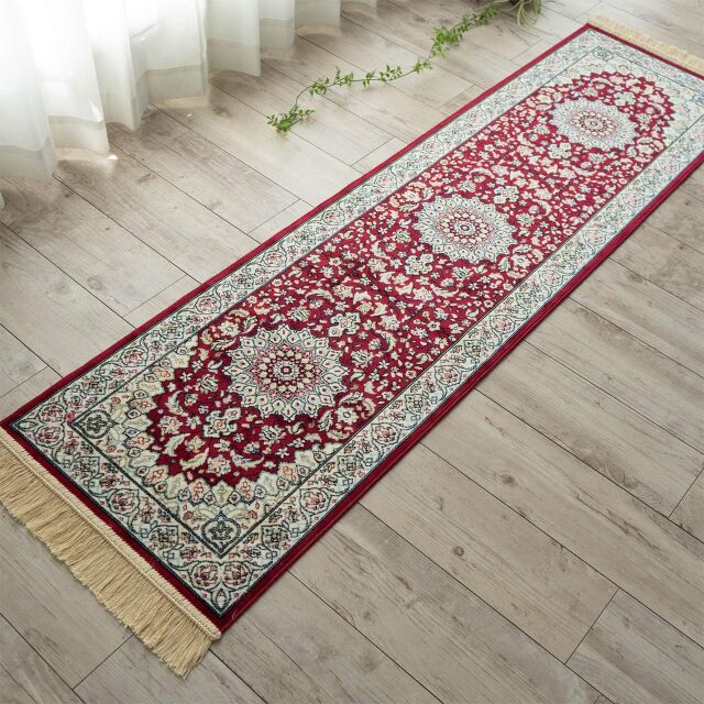ロイヤルパレス14180 ペルシャ柄 メダリオン  50×240 cm ロングマット レッド グリーン ベージュ アイボリー モケット織 ベルギー製/rp14180-50-240