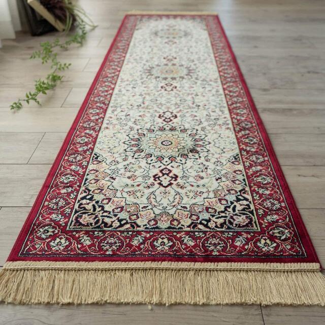 ロイヤルパレス14180 ペルシャ柄 メダリオン 67×340 cm レッド グリーン ベージュ アイボリーモケット織 ベルギー製/rp14180-67-340