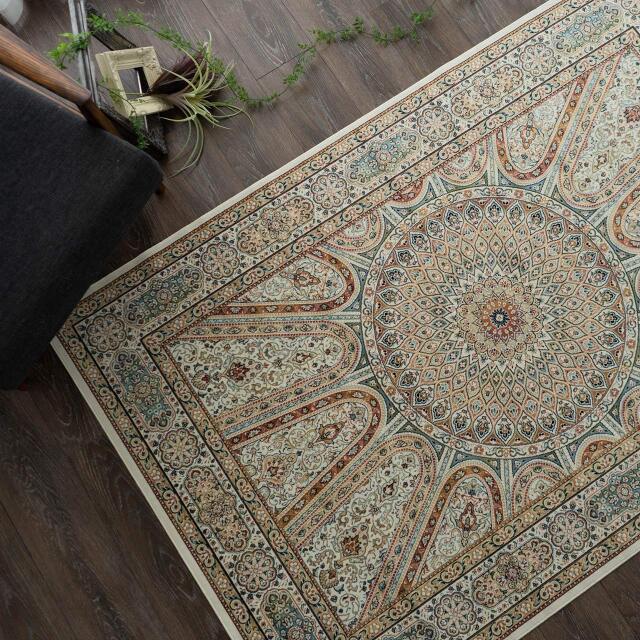 ロイヤルパレス14514 ペルシャデザイン メダリオン柄 195×195 cm 2畳 正方形 ブルー ベージュ モケット織 ベルギー製/rp14514-195-195