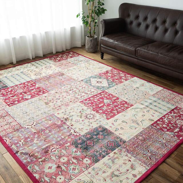 シルクタッチパッチワーク柄のモケット織り玄関マッ 約 195×195 cm 2畳