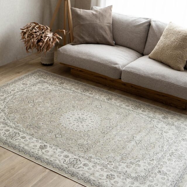 ロイヤルパレス14650 ペルシャ柄 メダリオン 195×195 cm 2畳 正方形 クリーム ベージュ ネイビー モケット織 ベルギー製/rp14650-195-195