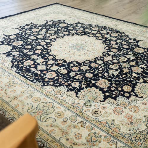 ロイヤルパレス14650 ペルシャ柄 メダリオン 195×195 cm 2畳 正方形 クリーム ベージュ ネイビー モケット織 ベルギー製/rp14650-195-195