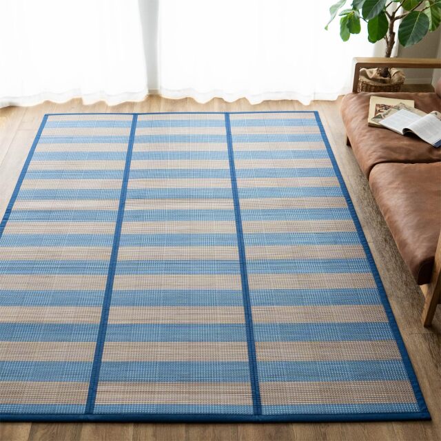 格子とボーダー柄がお洒落な夏に涼しい竹ラグ 約 180×240 cm 3畳
