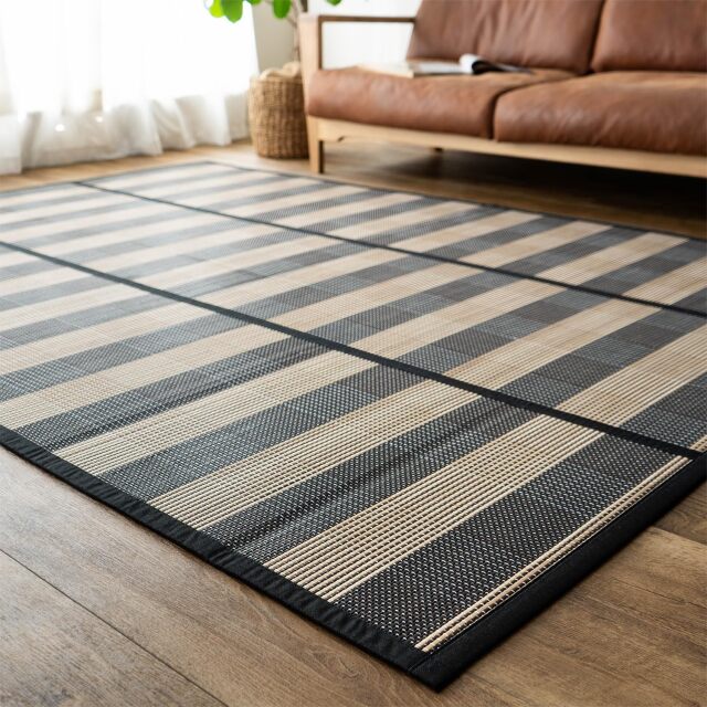 格子とボーダー柄がお洒落な夏に涼しい竹ラグ 約 180×240 cm 3畳