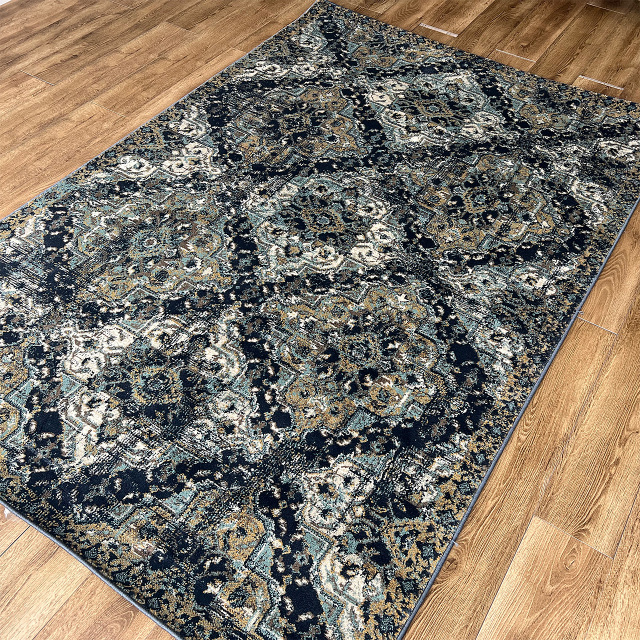 サンプル品／キリム柄 クラシカル ラグマット カーペット 絨毯  160x230 cm 3畳 長方形 ネイビー 床暖房 ホットカーペットカバー対応 ウィルトン織 エジプト製
