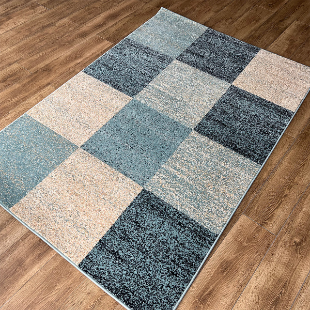 サンプル品／ブロック柄 北欧風 シンプル 133x195cm 約1.5畳 長方形 ネイビー 床暖房 ホットカーペットカバー対応 ウィルトン織 トルコ製