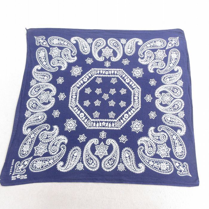 中古 ビンテージ バンダナ 70年代 70s ゾウマーク 花柄 ペイズリー柄 コットン USA製 紺 ネイビー 25mar06