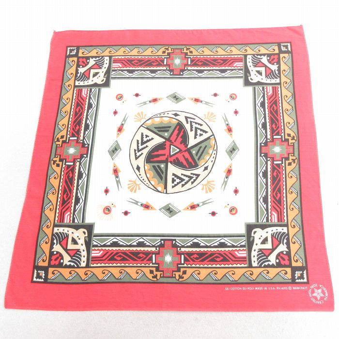中古 バンダナ 90年代 90s ネイティブ柄 ラグ柄 USA製 赤 レッド 25may10