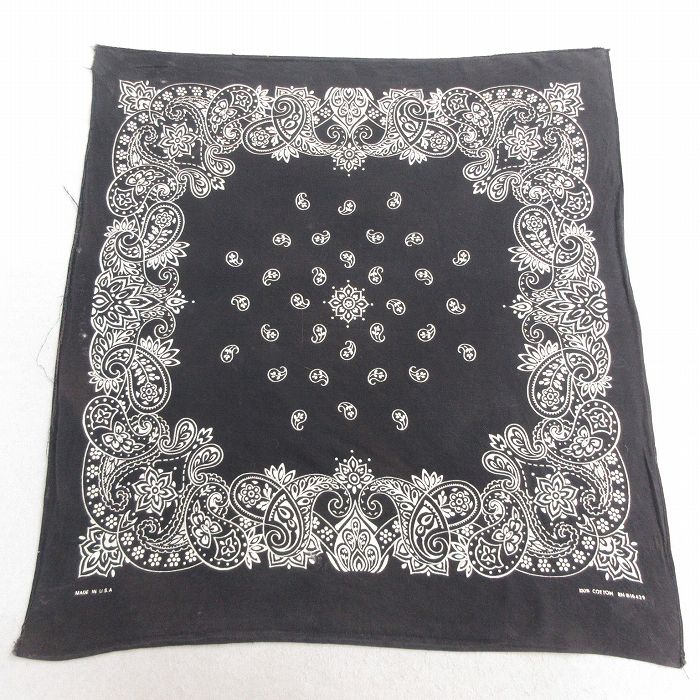 中古 ビンテージ バンダナ 70年代 70s 花柄 ペイズリー柄 コットン USA製 黒 ブラック 25may10
