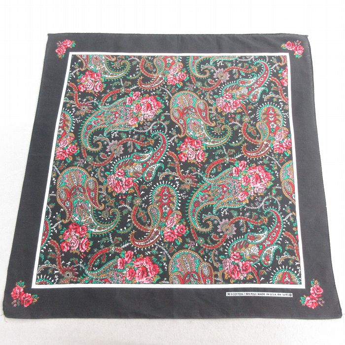 中古 バンダナ 80年代 80s 花柄 ペイズリー柄 USA製 黒 ブラック 25may10
