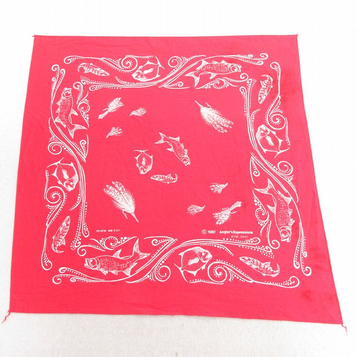 中古 バンダナ 80年代 80s 魚 コットン USA製 赤 レッド 25may12