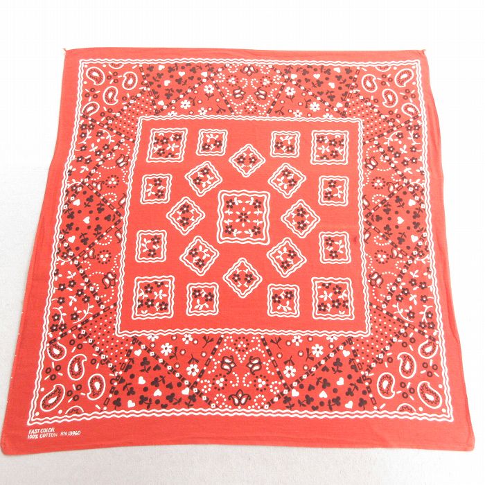 中古 ビンテージ バンダナ 70年代 70s 花柄 クッキー柄 コットン エンジ 25jun27