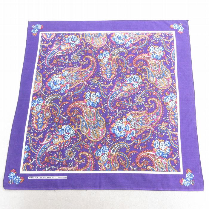 中古 バンダナ 90年代 90s 花柄 ペイズリー柄 USA製 紫 パープル 25jun27