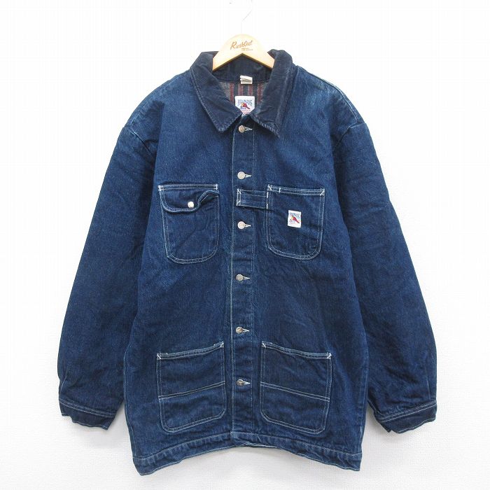 XL★古着 長袖 カバーオール メンズ 90年代 90s 襟コーデュロイ ロング丈 コットン USA製 濃紺 ネイビー デニム 内側ブランケット 【spe】 25jan06 中古 アウター