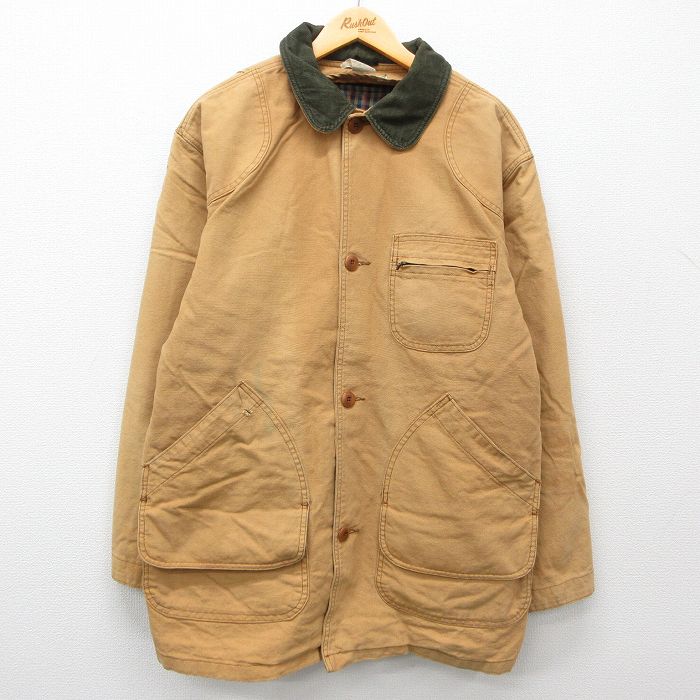XL★古着 エルエルビーン LLBEAN 長袖 カバーオール メンズ 90年代 90s ダック地 襟コーデュロイ 大きいサイズ ロング丈 コットン USA製 濃ベージュ カーキ 25feb05 中古 アウター