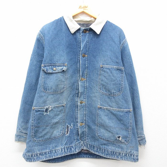 XL★古着 ローバックス 長袖 カバーオール メンズ 80年代 80s 大きいサイズ 襟コーデュロイ USA製 紺 ネイビー デニム 内側ブランケット 25feb05 中古 アウター