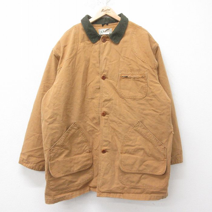 XL★古着 エルエルビーン LLBEAN 長袖 カバーオール メンズ 90年代 90s 襟コーデュロイ ダック地 プリマロフト 大きいサイズ ロング丈 コットン USA製 茶 ブラウン 25feb12 中古 アウター