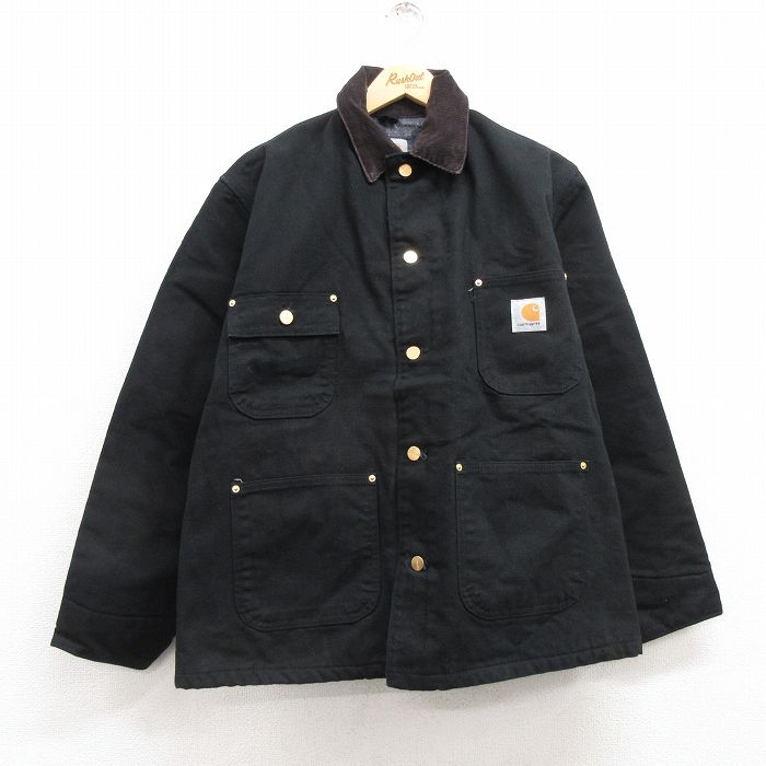 L★古着 カーハート Carhartt 長袖 カバーオール ミシガンチョア ジャケット メンズ ダック地 コットン 襟コーデュロイ 黒 ブラック 内側ブランケット 【spe】 25feb25 中古 アウター