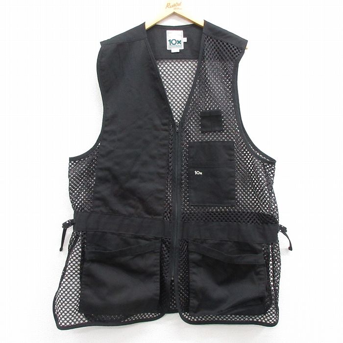 XL★古着 10X フィッシング ベスト メンズ 90年代 90s ロング丈 USA製 黒 ブラック 25mar06 中古 アウター