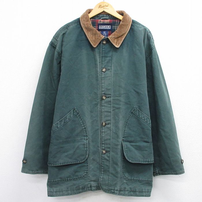 XL★古着 ランズエンド 長袖 カバーオール メンズ 00年代 00s 襟コーデュロイ 内側キルティング ロング丈 コットン 緑 グリーン 内側フランネル 25sep24 中古 アウター